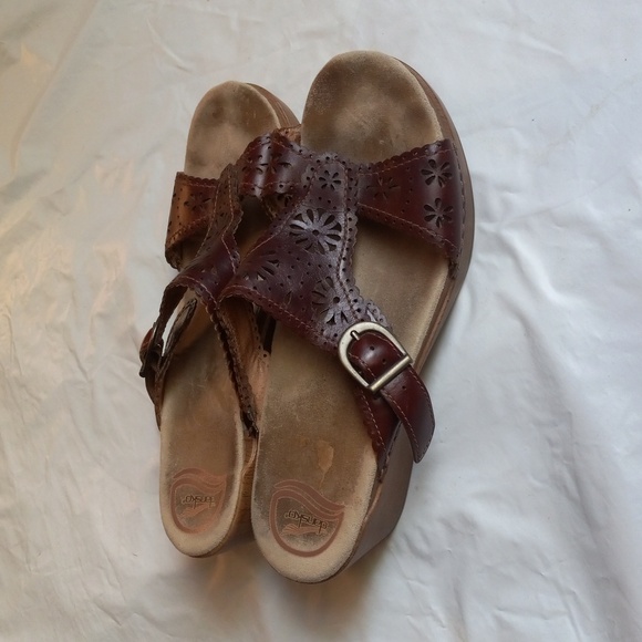 Dansko Wedge Sandals Brown Leather Slip On Wood Block Womens 40 - Picture 2 of 14